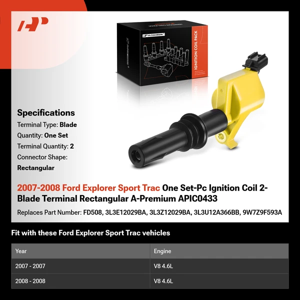 2007-2008 Ford Explorer Sport Trac One Set-Pc Ignition Coil 2-Blade Terminal Rectangular A-Premium APIC0433