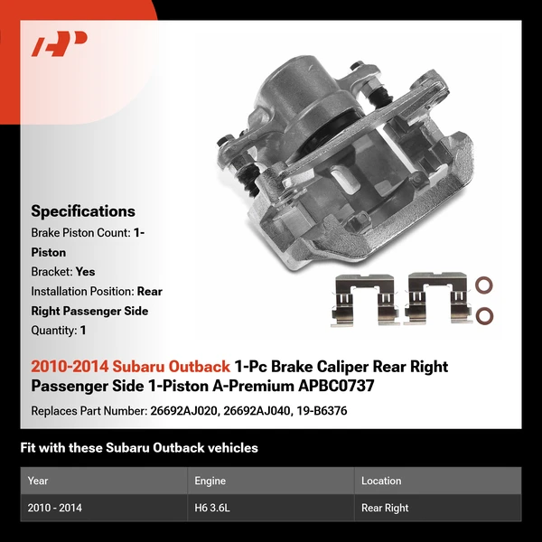 2010-2014 Subaru Outback 1-Pc Brake Caliper Rear Right Passenger Side 1-Piston A-Premium APBC0737
