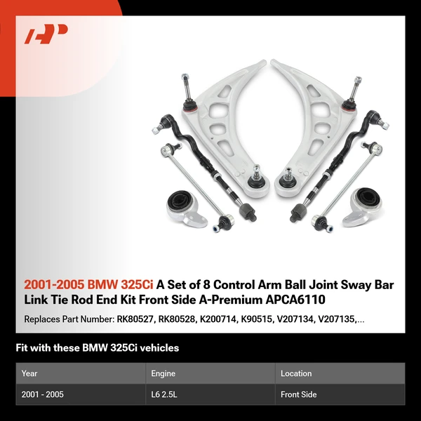 2001-2005 BMW 325Ci A Set of 8 Control Arm Ball Joint Sway Bar Link Tie Rod End Kit Front Side A-Premium APCA6110