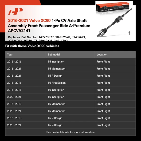 2016-2021 Volvo XC90 1-Pc CV Axle Shaft Assembly Front Passenger Side A-Premium APCVA2141