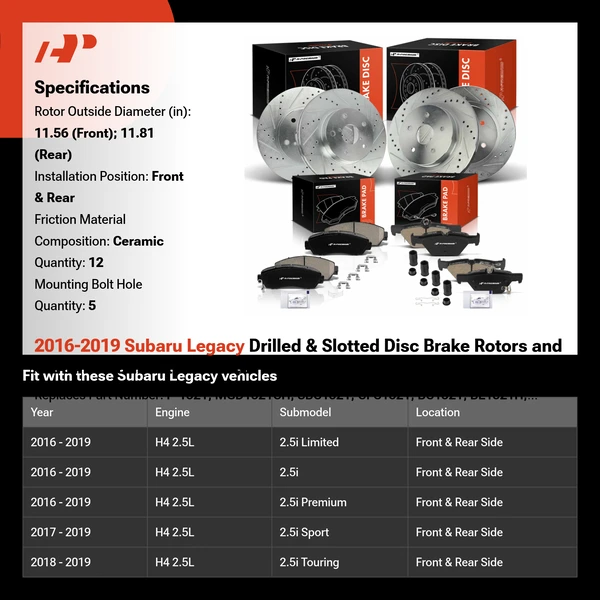 2016-2019 Subaru Legacy Drilled & Slotted Disc Brake Rotors and Ceramic Pads Kit, 12 Pcs, Front & Rear, A-Premium, APBRPS1339