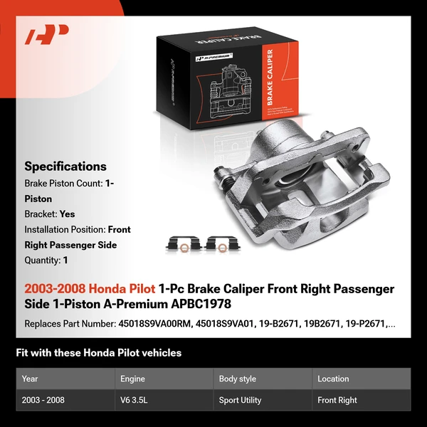 2003-2008 Honda Pilot 1-Pc Brake Caliper Front Right Passenger Side 1-Piston A-Premium APBC1978