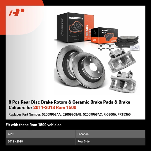 8 Pcs Rear Disc Brake Rotors & Ceramic Brake Pads & Brake Calipers for 2011-2018 Ram 1500