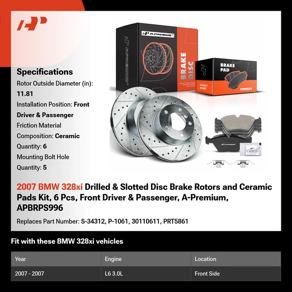 2007 BMW 328xi Drilled & Slotted Disc Brake Rotors and Ceramic Pads Kit, 6 Pcs, Front Driver & Passenger, A-Premium, APBRPS996