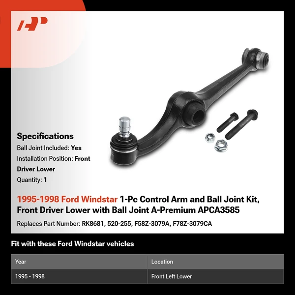 1995-1998 Ford Windstar 1-Pc Control Arm and Ball Joint Kit, Front Driver Lower with Ball Joint A-Premium APCA3585
