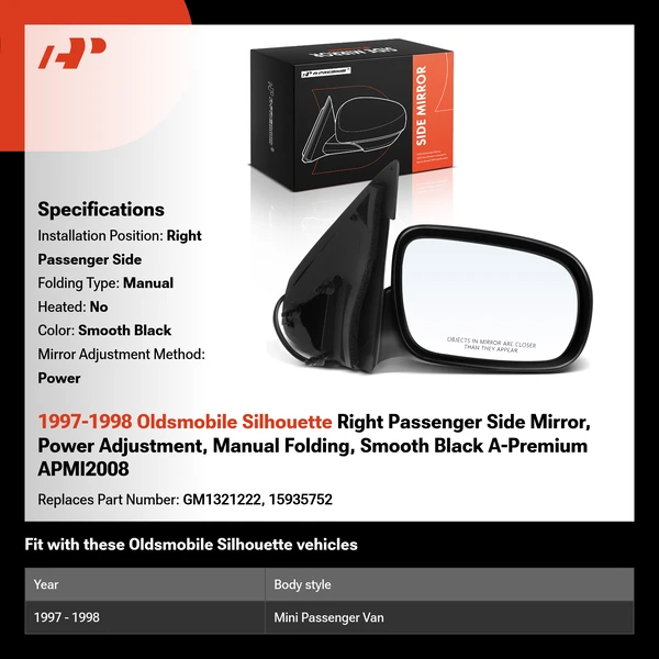 1997-1998 Oldsmobile Silhouette Right Passenger Side Mirror, Power Adjustment, Manual Folding, Smooth Black A-Premium APMI2008
