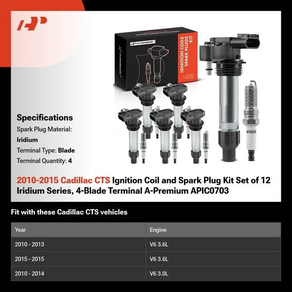 2010-2015 Cadillac CTS Ignition Coil and Spark Plug Kit Set of 12 Iridium Series, 4-Blade Terminal A-Premium APIC0703