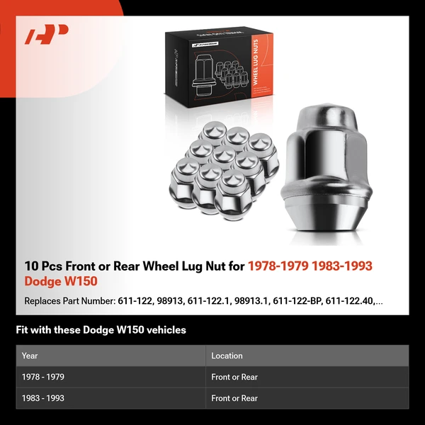 10 Pcs Front or Rear Wheel Lug Nut for 1978-1979 1983-1993 Dodge W150