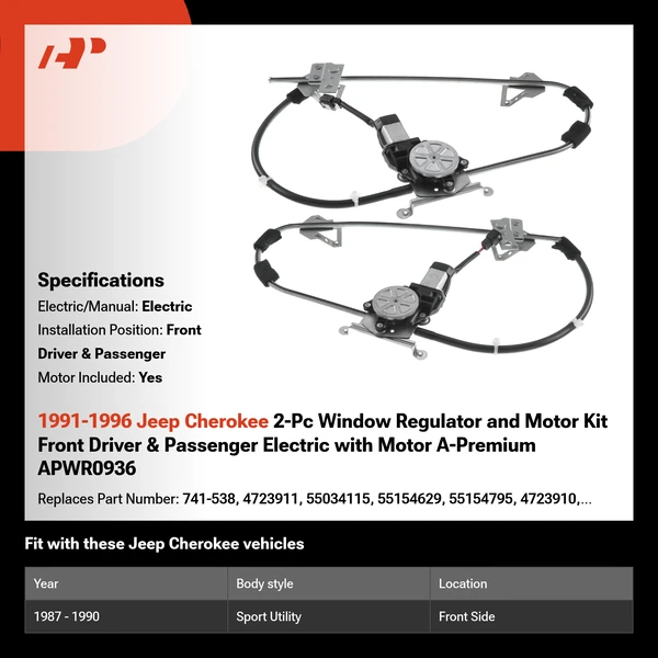 1991-1996 Jeep Cherokee 2-Pc Window Regulator and Motor Kit Front Driver & Passenger Electric with Motor A-Premium APWR0936