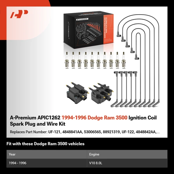 A-Premium APIC1262 1994-1996 Dodge Ram 3500 Ignition Coil Spark Plug and Wire Kit