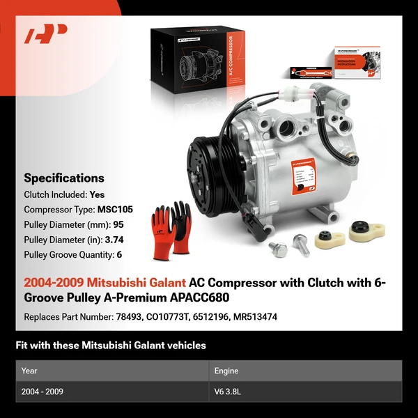 2004-2009 Mitsubishi Galant AC Compressor with Clutch with 6-Groove Pulley A-Premium APACC680
