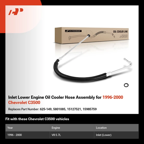 Inlet Lower Engine Oil Cooler Hose Assembly for 1996-2000 Chevrolet C3500