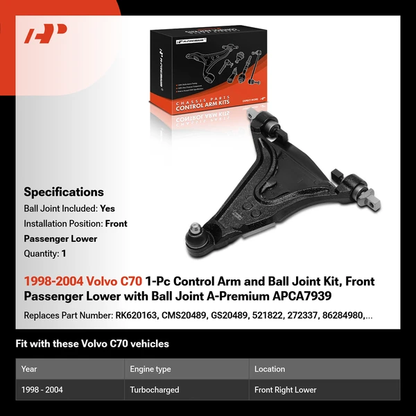 1998-2004 Volvo C70 1-Pc Control Arm and Ball Joint Kit, Front Passenger Lower with Ball Joint A-Premium APCA7939