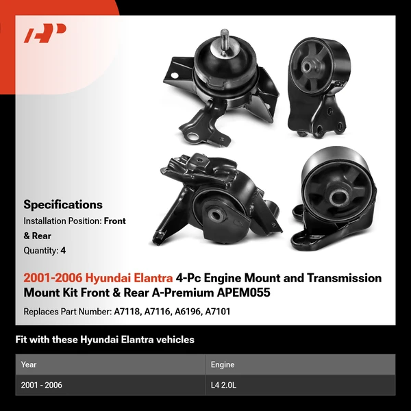 2001-2006 Hyundai Elantra 4-Pc Engine Mount and Transmission Mount Kit Front & Rear A-Premium APEM055