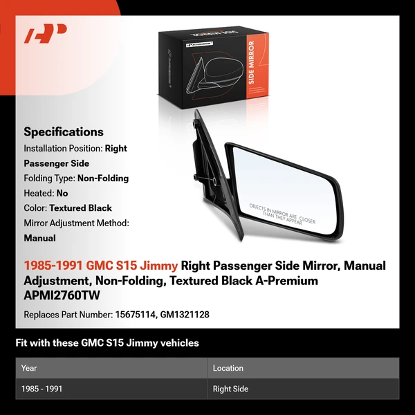 1985-1991 GMC S15 Jimmy Right Passenger Side Mirror, Manual Adjustment, Non-Folding, Textured Black A-Premium APMI2760TW