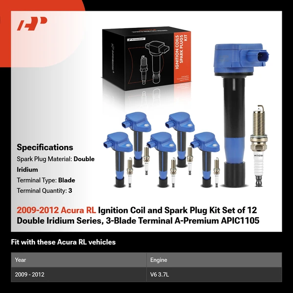 2009-2012 Acura RL Ignition Coil and Spark Plug Kit Set of 12 Double Iridium Series, 3-Blade Terminal A-Premium APIC1105