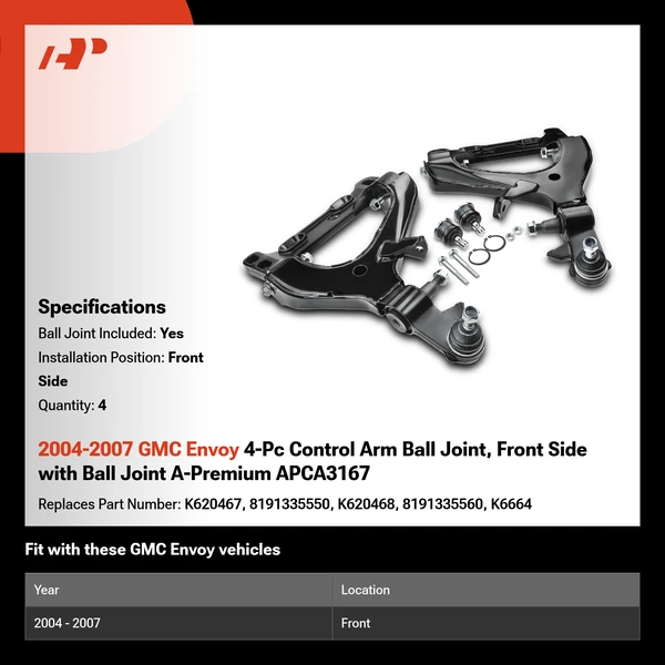2004-2007 GMC Envoy 4-Pc Control Arm Ball Joint, Front Side with Ball Joint A-Premium APCA3167