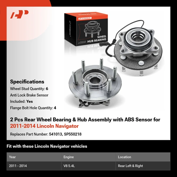 2 Pcs Rear Wheel Bearing & Hub Assembly with ABS Sensor for 2011-2014 Lincoln Navigator