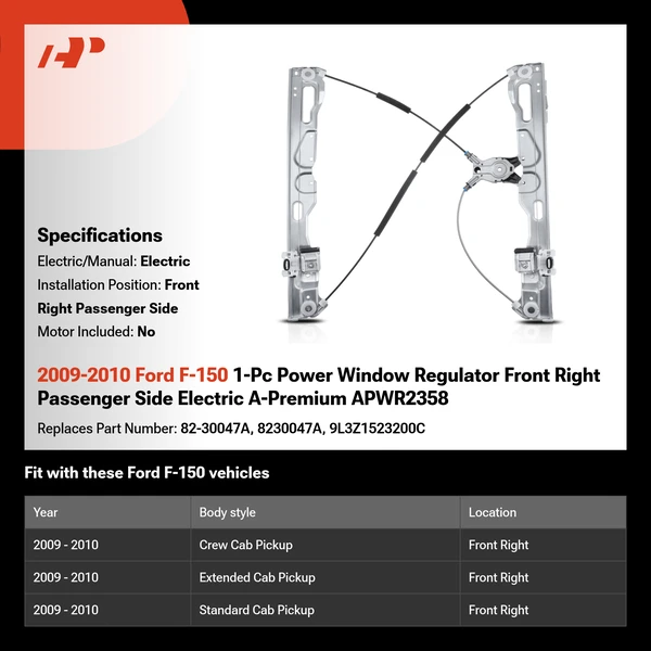 2009-2010 Ford F-150 1-Pc Power Window Regulator Front Right Passenger Side Electric A-Premium APWR2358