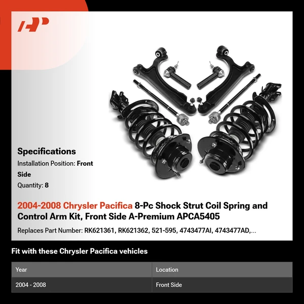 2004-2008 Chrysler Pacifica 8-Pc Shock Strut Coil Spring and Control Arm Kit, Front Side A-Premium APCA5405
