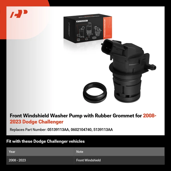 Front Windshield Washer Pump with Rubber Grommet for 2008-2023 Dodge Challenger