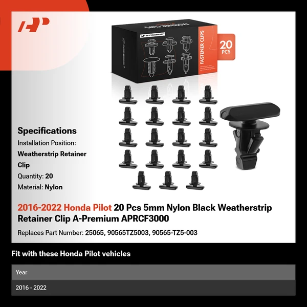 2016-2022 Honda Pilot 20 Pcs 5mm Nylon Black Weatherstrip Retainer Clip A-Premium APRCF3000