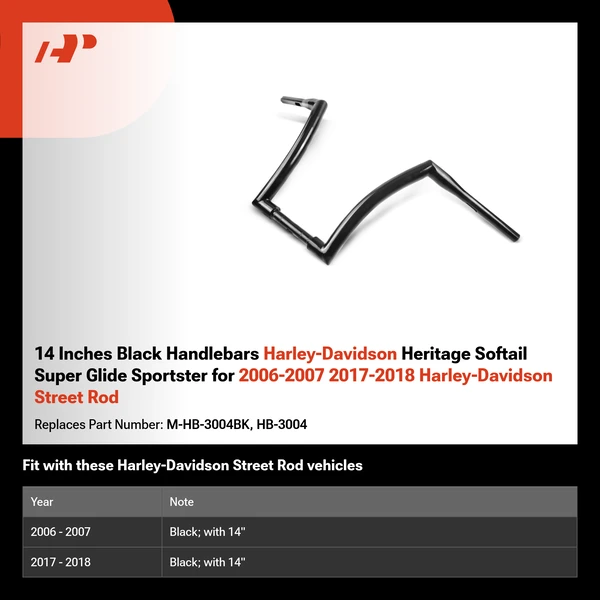 14 Inches Black Handlebars Harley-Davidson Heritage Softail Super Glide Sportster for 2006-2007 2017-2018 Harley-Davidson Street Rod
