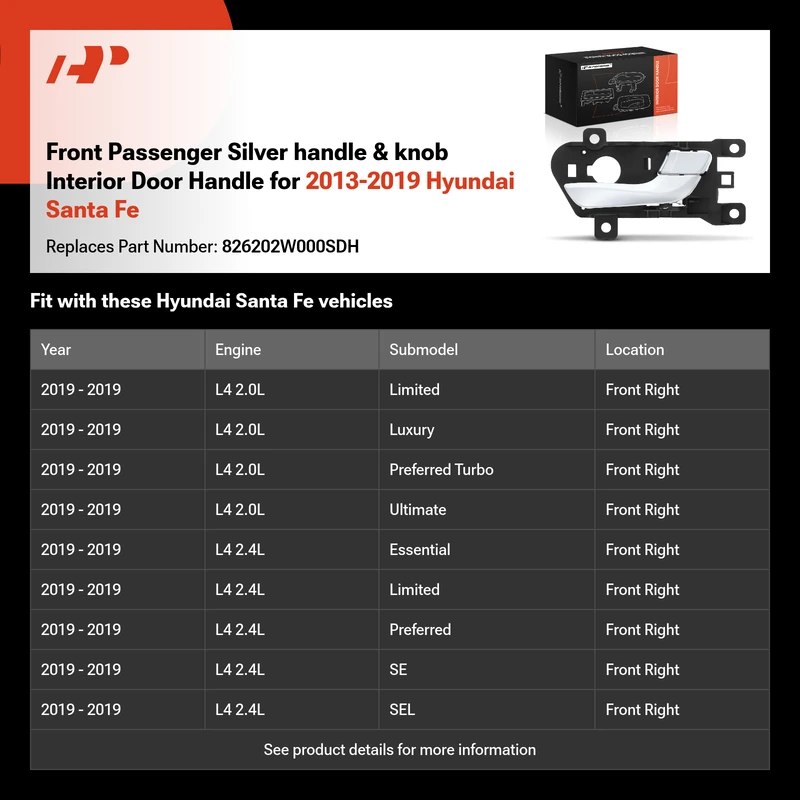 Front Passenger Silver handle & knob Interior Door Handle for 2013-2019 Hyundai Santa Fe