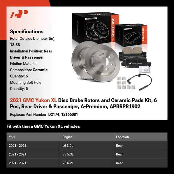2021 GMC Yukon XL Disc Brake Rotors and Ceramic Pads Kit, 6 Pcs, Rear Driver & Passenger, A-Premium, APBRPR1902