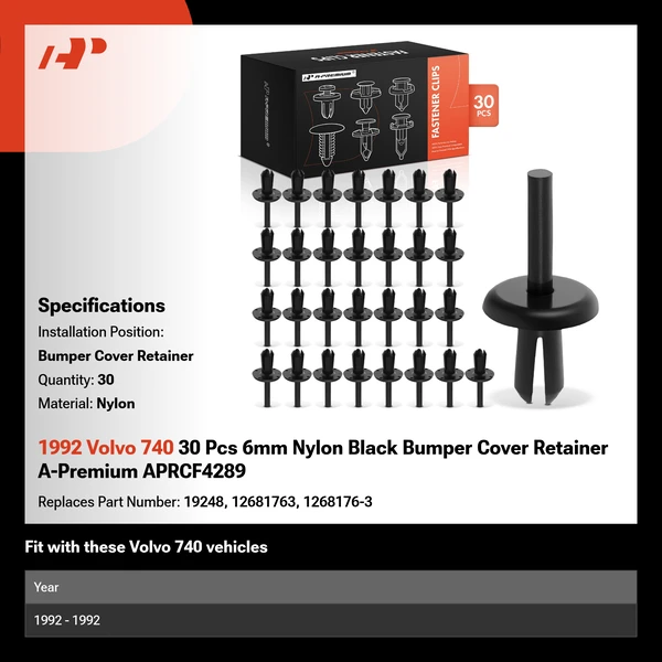 1992 Volvo 740 30 Pcs 6mm Nylon Black Bumper Cover Retainer A-Premium APRCF4289