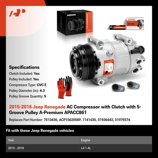 2015-2018 Jeep Renegade AC Compressor with Clutch with 5-Groove Pulley A-Premium APACC861