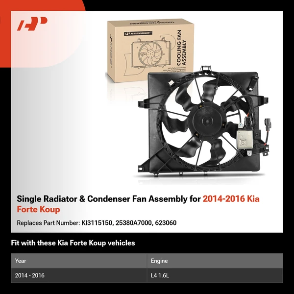Single Radiator & Condenser Fan Assembly for 2014-2016 Kia Forte Koup