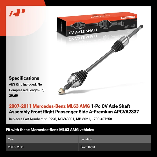 2007-2011 Mercedes-Benz ML63 AMG 1-Pc CV Axle Shaft Assembly Front Right Passenger Side A-Premium APCVA2337