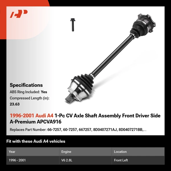 1996-2001 Audi A4 1-Pc CV Axle Shaft Assembly Front Driver Side A-Premium APCVA916