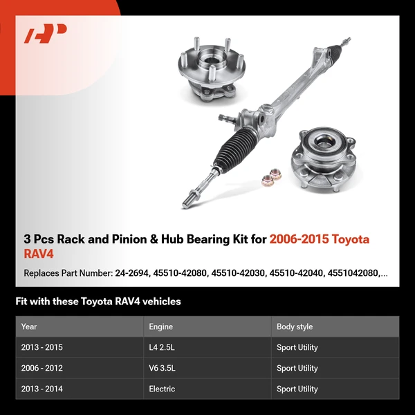 3 Pcs Rack and Pinion & Hub Bearing Kit for 2006-2015 Toyota RAV4