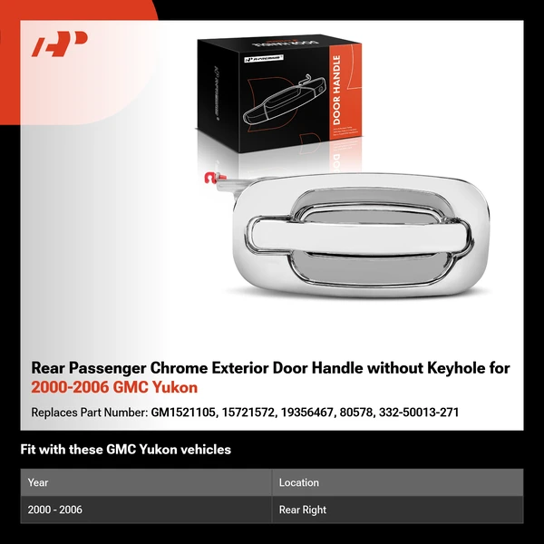 Rear Passenger Chrome Exterior Door Handle without Keyhole for 2000-2006 GMC Yukon