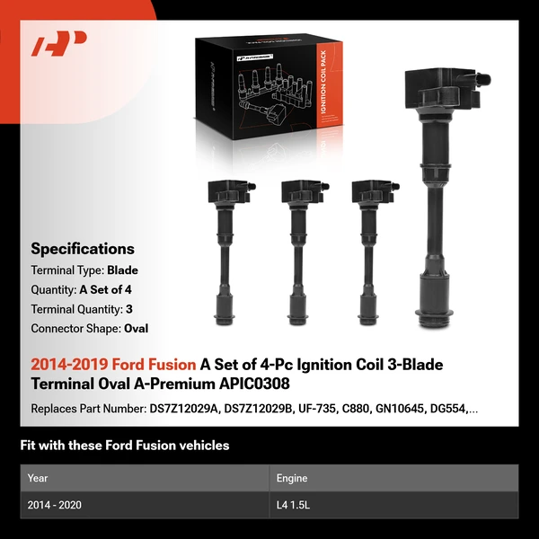 2014-2019 Ford Fusion A Set of 4-Pc Ignition Coil 3-Blade Terminal Oval A-Premium APIC0308