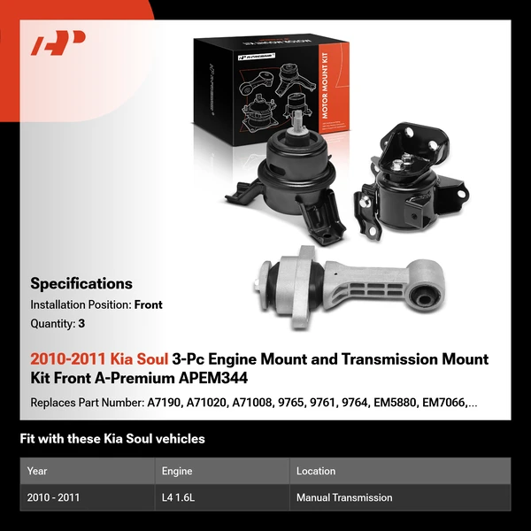 2010-2011 Kia Soul 3-Pc Engine Mount and Transmission Mount Kit Front A-Premium APEM344