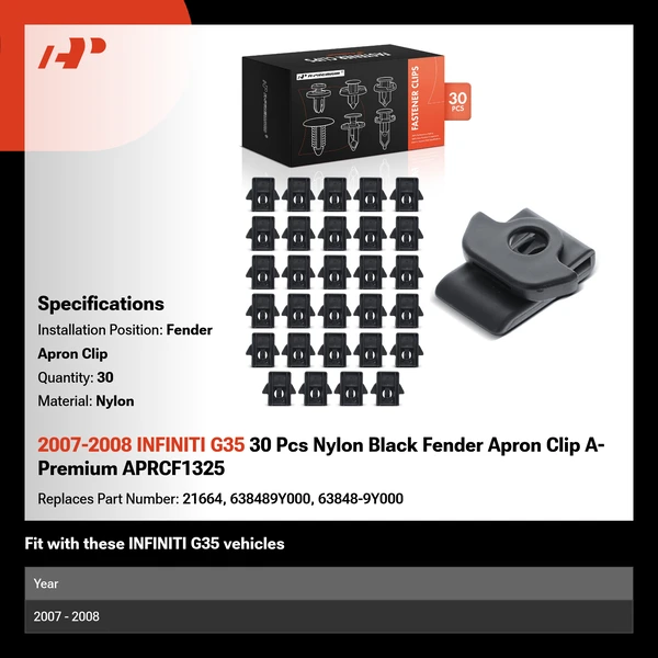 2007-2008 INFINITI G35 30 Pcs Nylon Black Fender Apron Clip A-Premium APRCF1325