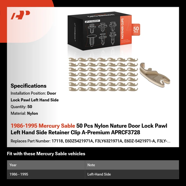 1986-1995 Mercury Sable 50 Pcs Nylon Nature Door Lock Pawl Left Hand Side Retainer Clip A-Premium APRCF3728