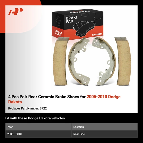 4 Pcs Pair Rear Ceramic Brake Shoes for 2005-2010 Dodge Dakota