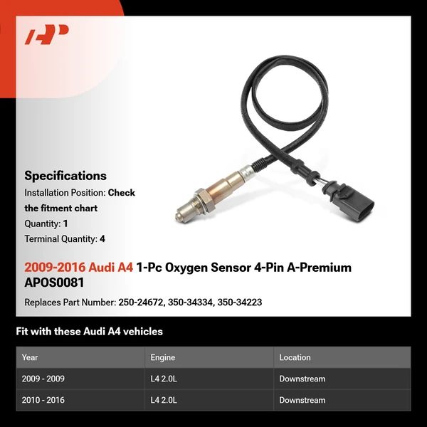 2009-2016 Audi A4 1-Pc Oxygen Sensor 4-Pin A-Premium APOS0081