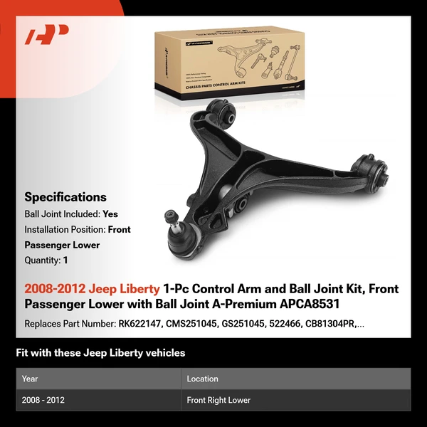 2008-2012 Jeep Liberty 1-Pc Control Arm and Ball Joint Kit, Front Passenger Lower with Ball Joint A-Premium APCA8531