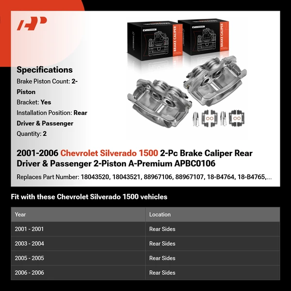2001-2006 Chevrolet Silverado 1500 2-Pc Brake Caliper Rear Driver & Passenger 2-Piston A-Premium APBC0106