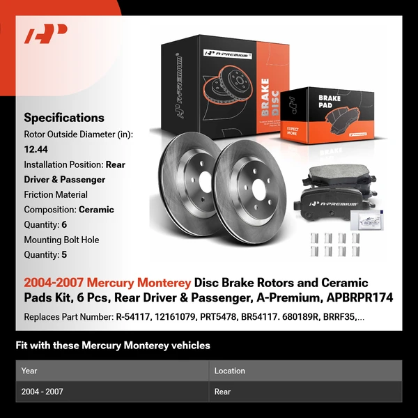 2004-2007 Mercury Monterey Disc Brake Rotors and Ceramic Pads Kit, 6 Pcs, Rear Driver & Passenger, A-Premium, APBRPR174