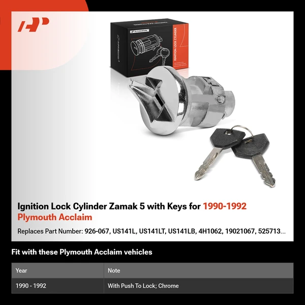 Ignition Lock Cylinder Zamak 5 with Keys for 1990-1992 Plymouth Acclaim