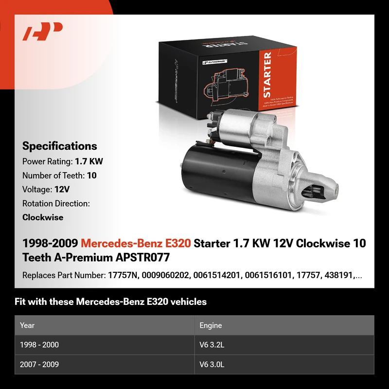 1998-2009 Mercedes-Benz E320 Starter 1.7 KW 12V Clockwise 10 Teeth A-Premium APSTR077
