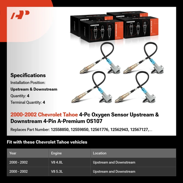 2000-2002 Chevrolet Tahoe 4-Pc Oxygen Sensor Upstream & Downstream 4-Pin A-Premium OS107