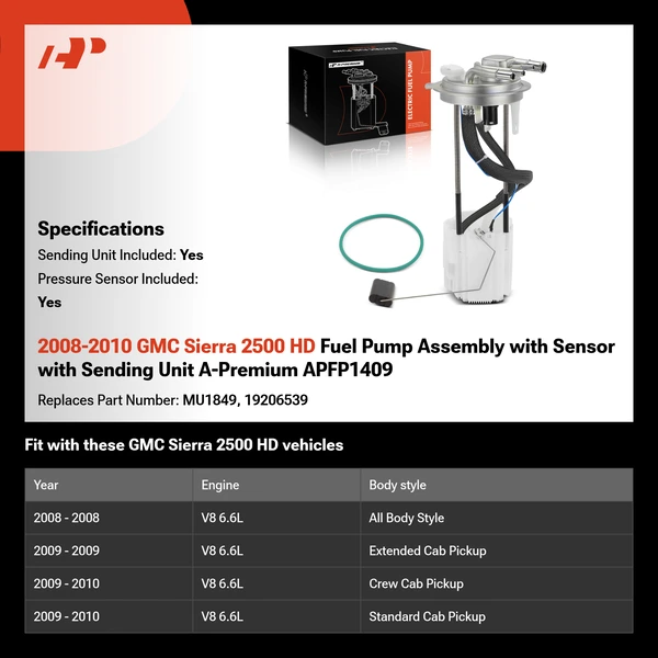 2008-2010 GMC Sierra 2500 HD Fuel Pump Assembly with Sensor with Sending Unit A-Premium APFP1409