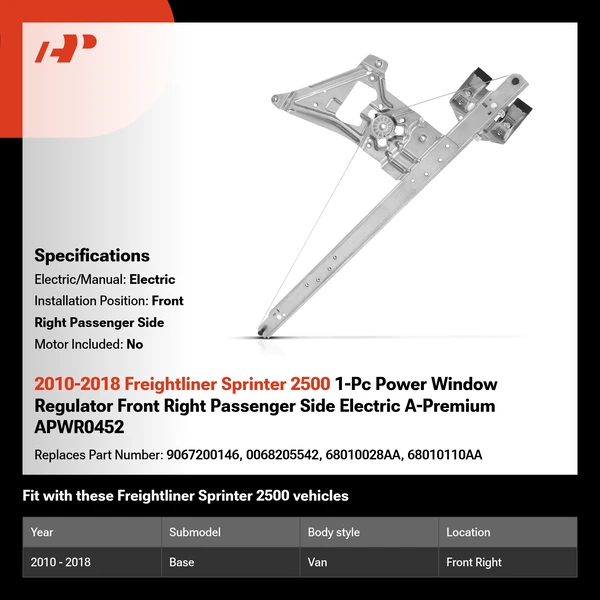 2010-2018 Freightliner Sprinter 2500 1-Pc Power Window Regulator Front Right Passenger Side Electric A-Premium APWR0452